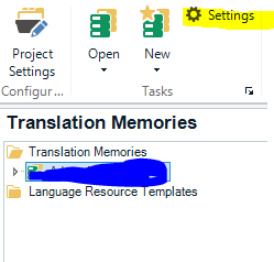 Trados Studio interface showing the Settings button highlighted in the ribbon with Translation Memories selected in the Project Settings menu.