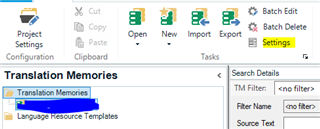 Trados Studio Translation Memories window with Settings button in the ribbon and options for TM Details, Filter Name, and Source Text visible.