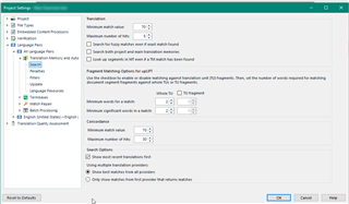 Trados Studio Project Settings window showing Translation Match values and options for Batch Tasks pre-translation.