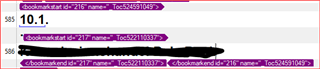 Screenshot showing Trados Studio with one bookmarkstart tag before segment 586 and one bookmarkend tag after segment 586.