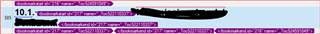 Screenshot showing Trados Studio after merging segments 585 and 586, with duplicate bookmarkstart and bookmarkend tags in segment 585 and inter-segment content.