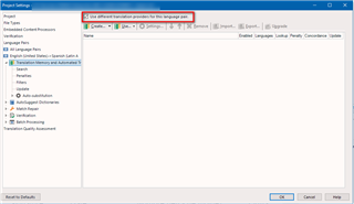 Trados Studio Project Settings window showing the Translation Memory and Automated Translation tab with the 'Use different translation providers for this language pair' option checked.