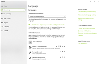 Screenshot of Windows 10 language settings showing options to add and manage languages, with English, French, and German listed.