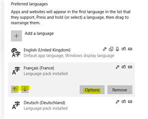 Close-up view of language preferences in Windows 10 settings, highlighting the 'Options' button for French language.