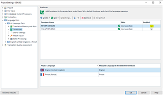 Trados Studio Project Settings window showing Termbase section with 'Add' and 'Remove' buttons, and a list of termbases with 'Enabled' checkboxes.