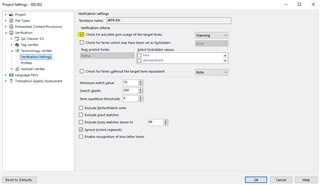 Trados Studio Verification settings window with options for 'Check for possible non-usage of termbase entries' and 'Check for missing target termbase equivalent'.