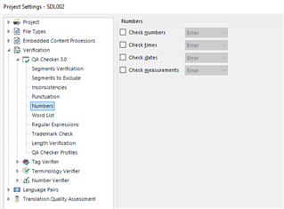 Trados Studio Project Settings window showing QA Checker options with errors in checking numbers, dates, and measurements.
