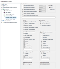 Language Pairs settings in Trados Studio with Number Verifier options and various checkboxes for number localisation and verification.