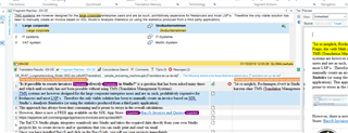 Trados Studio 2019 interface showing vertical translation layout with source text on the left and target text on the right. A yellow warning sign indicates a potential issue in the translation.