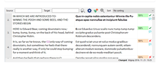 MemoQ translation interface with a similar vertical layout. Source text is on the left, target text on the right, and a red error icon is visible next to a segment indicating a translation error.