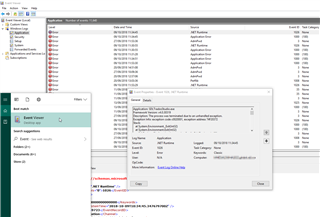Screenshot of Windows Event Viewer showing a list of system logs with multiple errors and warnings highlighted in red and yellow.