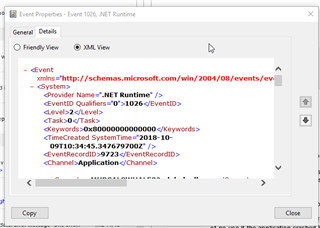 Close-up of an error event properties window from .NET Runtime in the Event Viewer, displaying event ID, level, and source details.