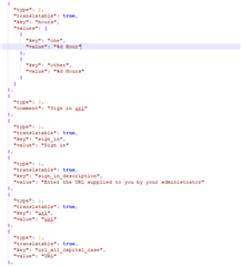 Screenshot of a JSON file with nested structures, showing keys such as 'type', 'value', and 'comment', with the 'value' key containing translatable text.