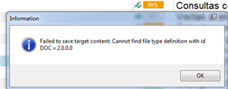 Trados Studio error message window showing 'Failed to save target content: Cannot find file type definition with id DOC v 2.0.0.0' with an OK button.