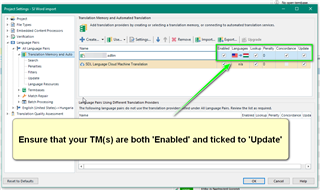 Trados Studio project settings window showing Translation Memories and Automated Translation Providers tab with a green arrow pointing to 'Enabled' and 'Update' checkboxes.