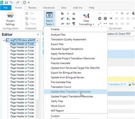 Trados Studio Editor view with Batch Tasks dropdown menu open, showing various options including 'Update Main Translation Memories'.