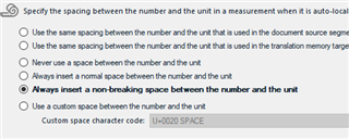 Screenshot of Trados Studio auto-substitution settings with the option 'Always insert a non-breaking space between the number and the unit' selected.