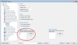 Trados Studio project settings window showing 'File Types' tab with 'Excel' selected. A red circle highlights the 'Context information' section with empty fields.