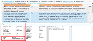 Trados Studio screenshot showing the Segment Information Viewer with a red error message stating 'Should translate this EU' and a segment selected in the background.