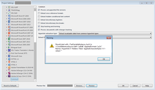 Trados Studio error message window overlaying Project Settings, stating 'An error occurred while calling 'AddFileToTranslate'. Error: 'Specific to 'Adobe InCopyGraphicLine' object value.'