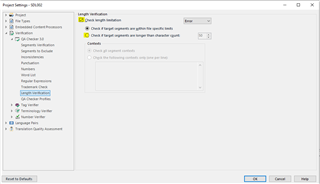 Trados Studio Project Settings dialog showing Length Verification section with 'Check if target segments are longer than specified limit' option highlighted.