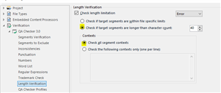 Trados Studio Length Verification settings with 'Check if target segments are longer than specified limit' and 'Check if segments contain only one line' options checked.