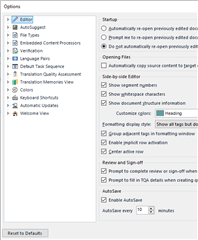 Screenshot of Trados Studio User Profile settings under File>Options showing various options like Autosave, Verification, and Automatic Updates.