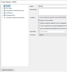 Screenshot of Trados Studio Project settings for a specific project SDL002 with options for File Types, Verification, and Translation Quality Assessment.