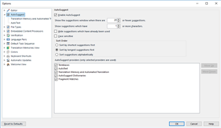 Trados Studio Options dialog showing AutoSuggest settings with all providers checked, including termbase.