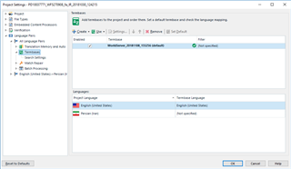 Project Settings dialog in Trados Studio with a termbase added and language mapping set.