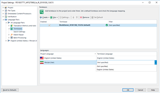 Trados Studio Project Settings window showing no option available for specifying language under Termbase Language Mapping.