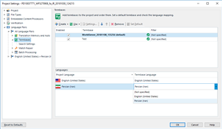 Trados Studio Project Settings window now displaying Persian (Iran) added to the Termbase Language Mapping list.