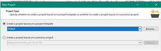 Trados Studio New Project window showing Project Type section with 'Create a project based on a project template' selected and 'Default' template chosen from the drop-down menu.
