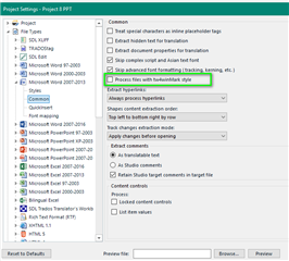 Trados Studio Project Settings window showing options under Common settings with 'Always process hyperlink' option checked.