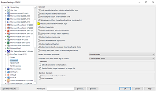 Trados Studio project settings window showing RTF filetype settings with 'Default font name for target language' option unticked.