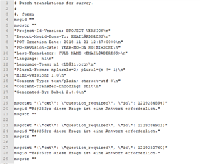 Screenshot of a PO file opened in Notepad++ showing lines of code with keys and values for Dutch translations for a survey.