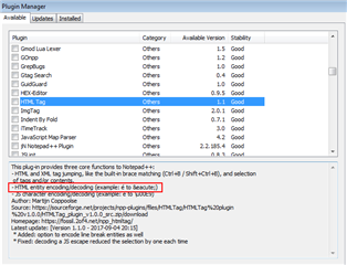 Screenshot of Trados Studio Plugin Manager showing a list of plugins. Highlighted is the 'HTML Tag' plugin with a description about its HTML encodingdecoding feature.