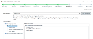 Trados Studio 'Create a New Project' wizard showing 'Batch Tasks' step with 'Analyse only' selected under 'Task Sequence'. Language pairs listed are English (United States) to German (Germany) and German (Germany) to English (United States).