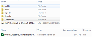 File explorer window showing folders for different languages, exports, reports, termbases, and an SDL Trados Studio project file.