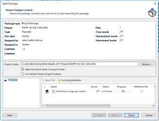 Open Package dialog in Trados Studio with package details, showing only one translatable file and no reference files included.