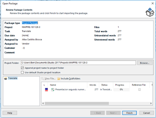 Open Package dialog in Trados Studio with package details, showing only one translatable file and no reference files included, identical to alt_text_3.