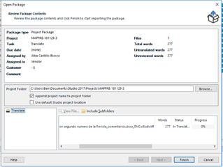 Open Package dialog in Trados Studio with package details, showing only one translatable file and no reference files included, identical to alt_text_3 and alt_text_4.