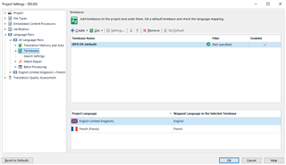 Trados Studio Project Settings window showing Termbase section with 'English (United Kingdom)' selected and no visible errors.