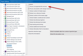 Screenshot of Trados Studio Project Settings dialog box with a red arrow pointing to the 'Extract file information' option under the Common section.