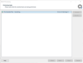 Trados Studio Batch Processing window stuck on 'Pre-translate Files - Canceling...' with all buttons greyed out.