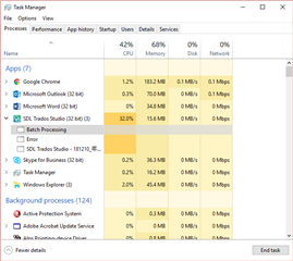 Task Manager showing high CPU usage by SDL Trados Studio at 32.6% and Batch Processing at 18.2%.