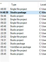 Trados Studio project list showing various projects with types such as Single file project, Studio package, and Studio project along with their locations.