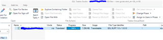 Trados Studio interface with a project open, showing options like Open for Review, Batch Tasks, and Open File greyed out indicating they are not selectable.