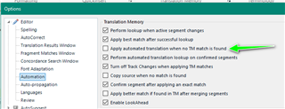 Trados Studio options menu with an arrow pointing to the checked option 'Apply automated translation when no TM match is found'.