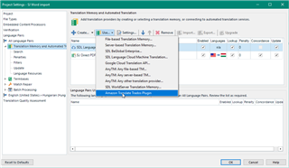 Trados Studio Plugin Settings window with a list of plugins, including SDL Language Cloud Machine Translation, Google Cloud Translation API, and Amazon Translate Plugin highlighted.
